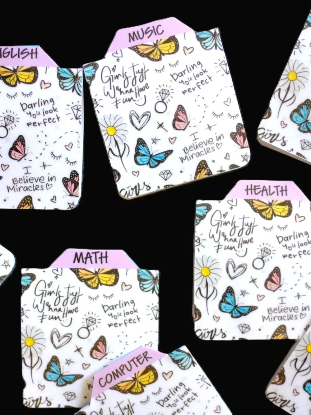 Handmade School Subject Magnetic Tabs, dividers, Girls, doodle, sketch, notebook